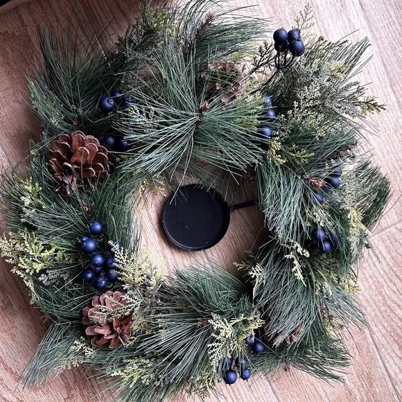 Luminara 4.5" Pillar Flameless Candle + Christmas 18" Wreath Blue Berries Pines - Picture 5 of 10